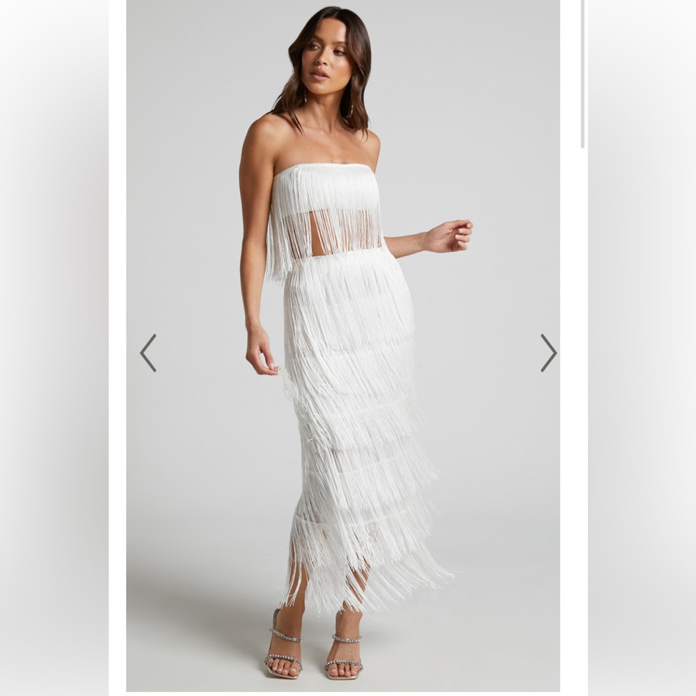 Showpo White Strapless Fringe Dress
